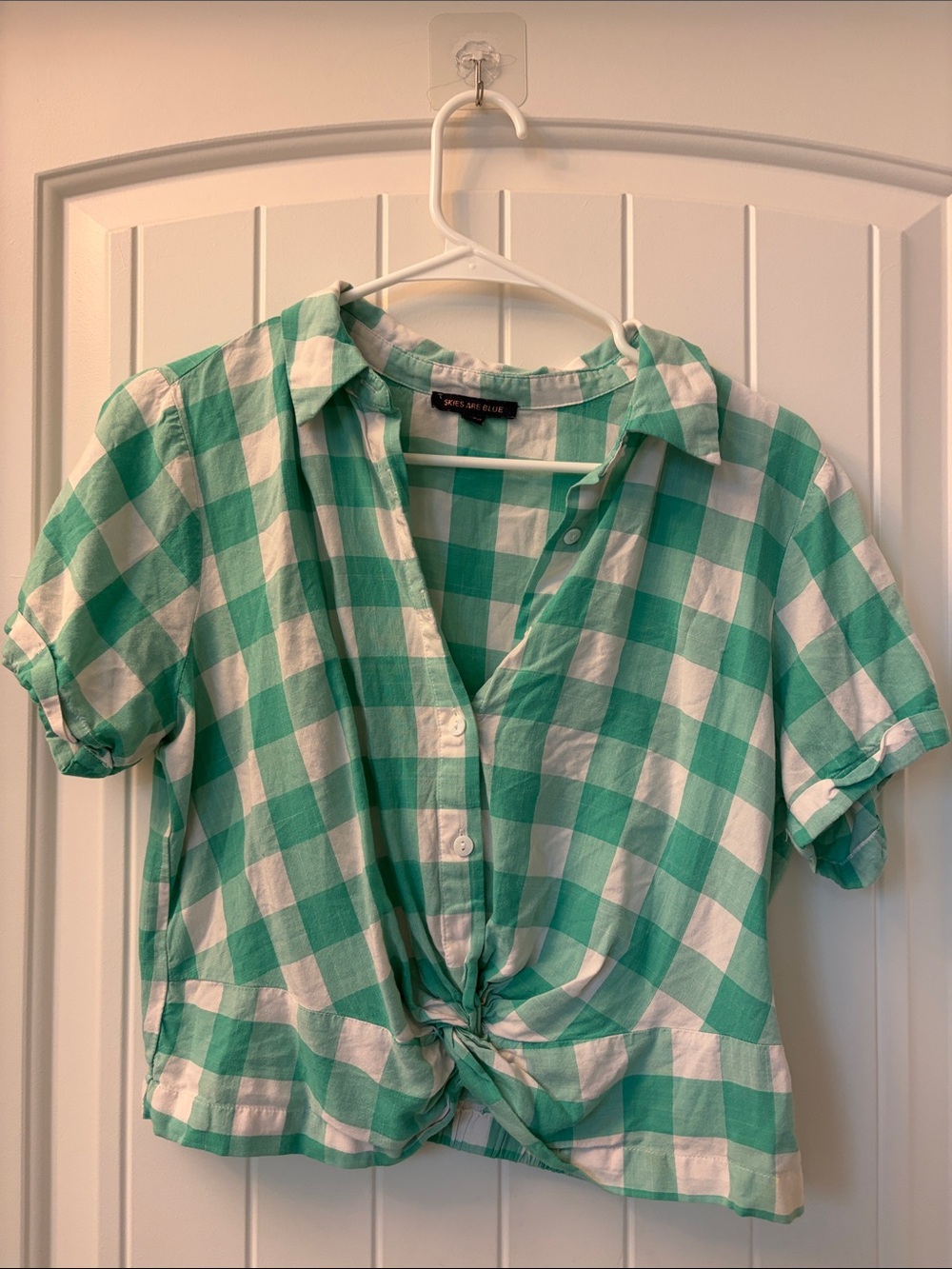 Skies Are Blue Mint Green and White Gingham Tie-Front Blouse
